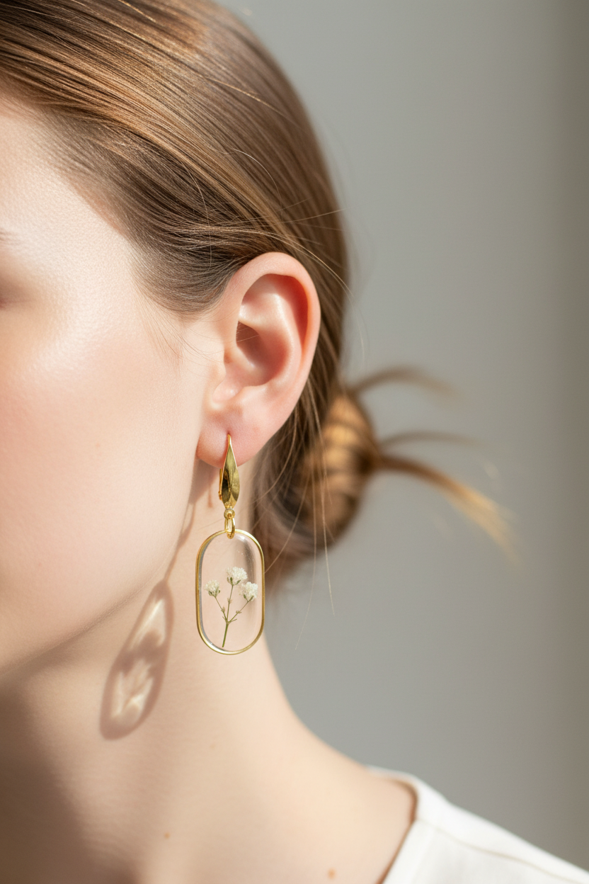 Oorbellen met Echte Gedroogde Bloemen – Goudkleurig & Handgemaakt