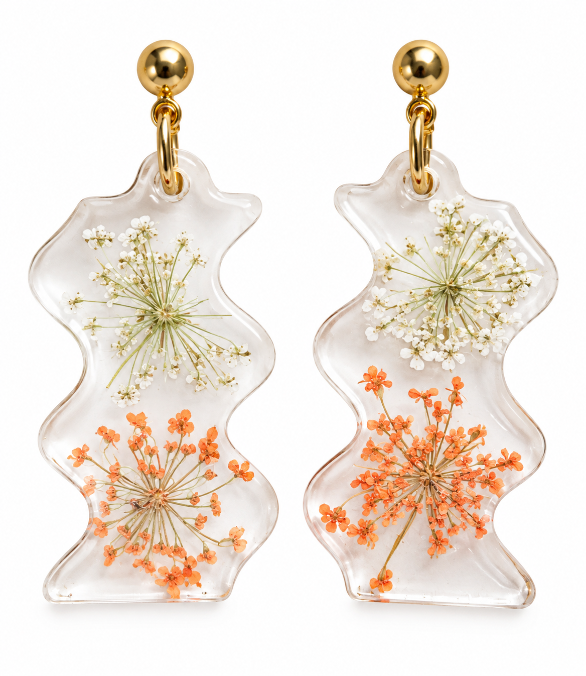 Gouden Oorbellen met Echte Droogbloemen – Transparante Statement Oorbellen Oranje & Wit