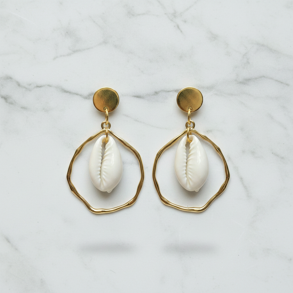 Gouden Schelpen Oorbellen met Organische Ring – Handgemaakte Statement Oorbellen